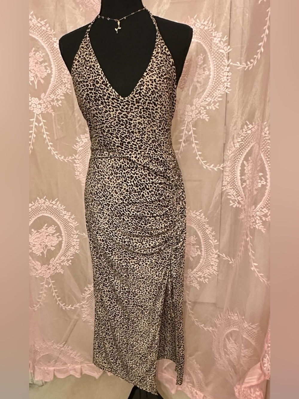 Women’s Leopard Print Halter Drop Back Cinched Waist Long Side Slit Maxi Dress